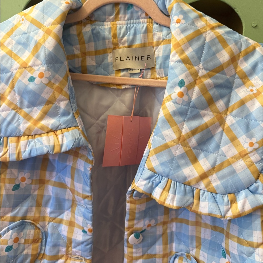 Plaid Ruffle-Collar Puffer Jacket in Blue & Yellow - Picture 12 of 12